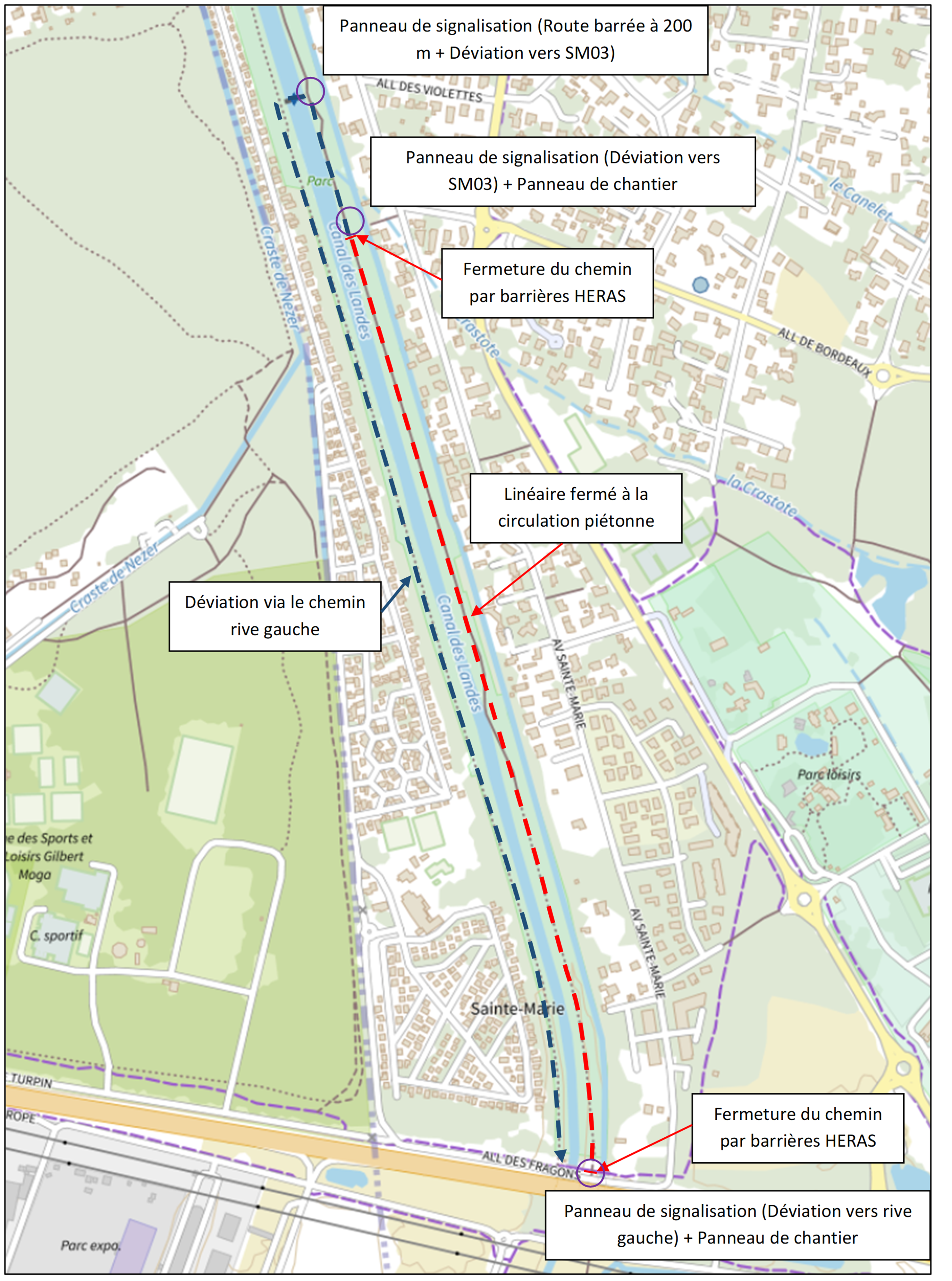 Plan de déviation des piétons par la rive gauche au niveau de l’ouvrage SM03