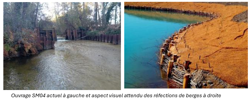 Ouvrage SM04 actuel à gauche et aspect visuel attendu des réfections de berges à droite
